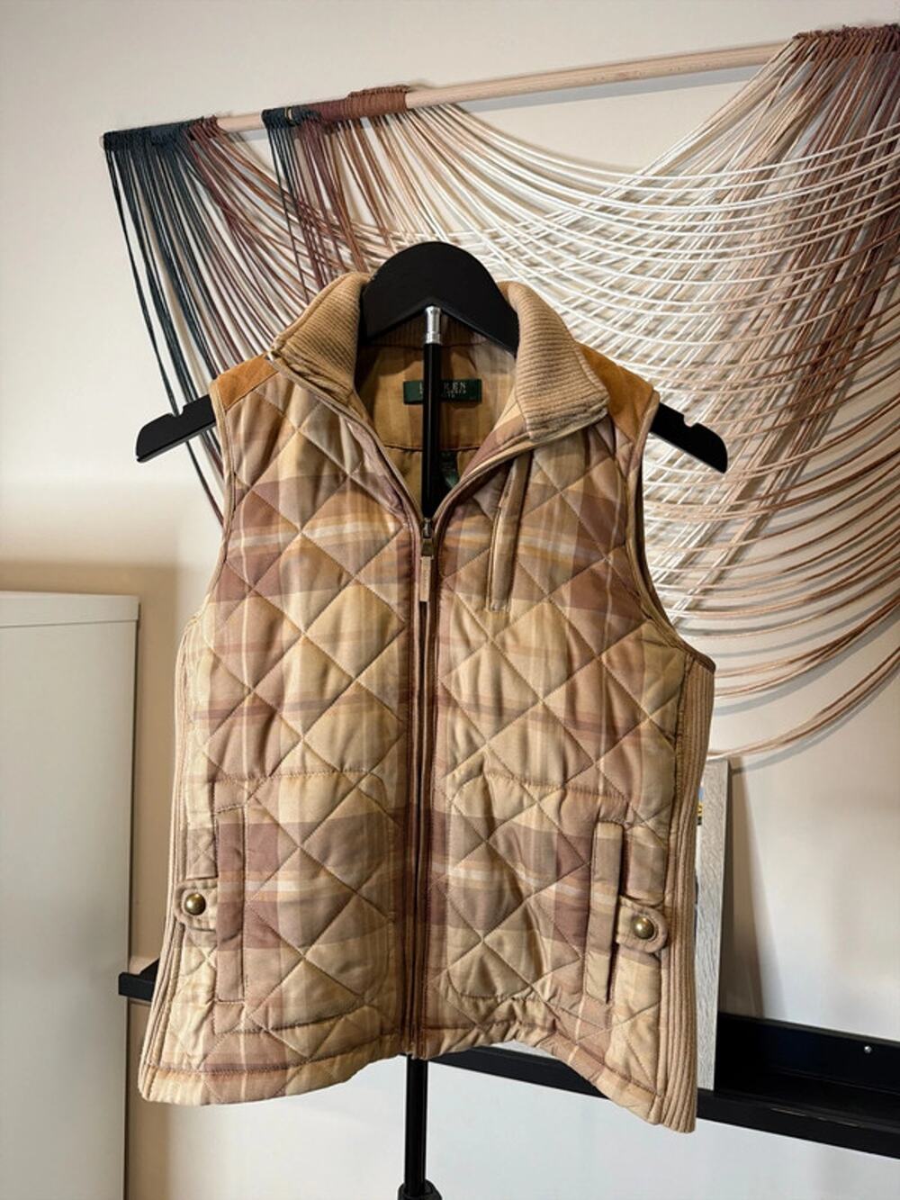 Lauren Ralph Lauren Petite Plaid Quilted Vest Genuine Suede Trim Equestrian 3058